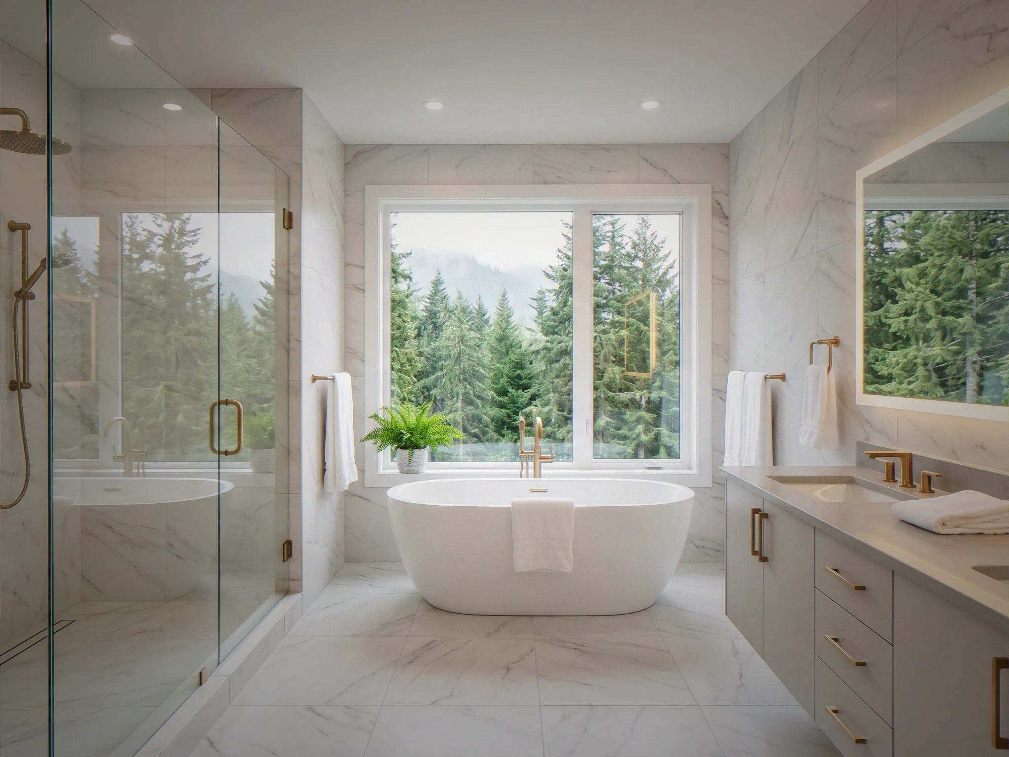 Large format marble tile floor installation with linear drain — King County, WA