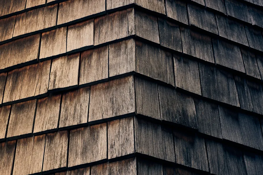 Close-up of weathered natural cedar shingle siding corner detail